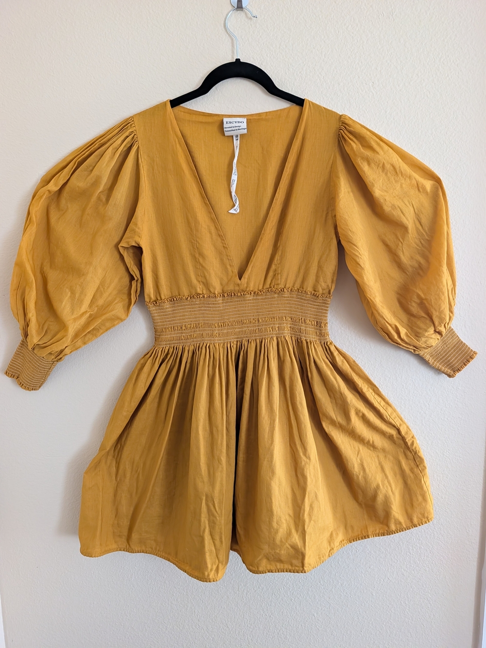 ESCVDO Saffron Puff-Sleeve V-Neck MISA Mini Dress Small